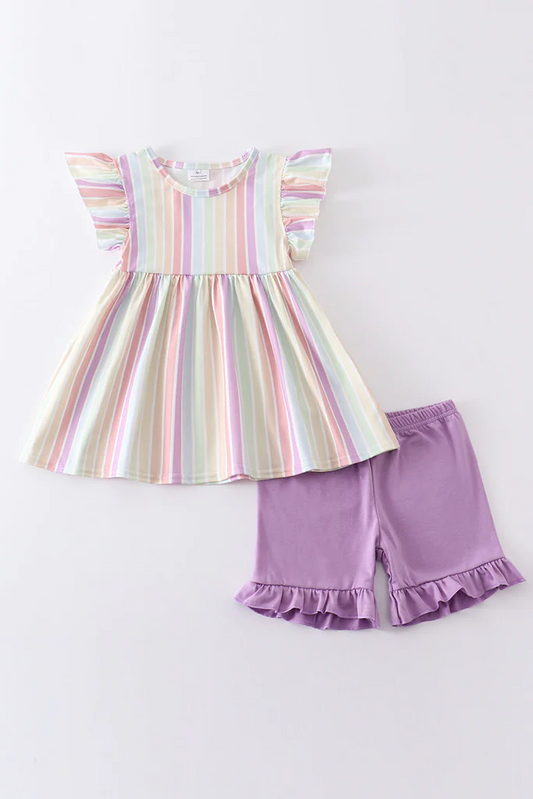 (Custom Design Preorder MOQ 5) Colorful Stripes Print Tunic Top Purple Shorts Girls Summer Clothes Set