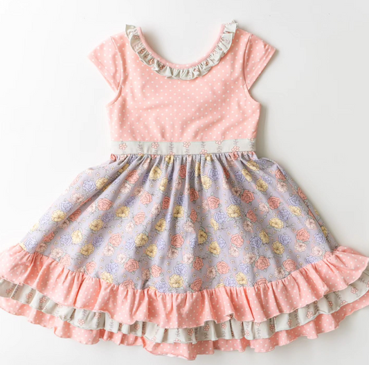 (Custom Design Preorder MOQ 5) Pink Flowers Print Ruffles Girls Knee Length Summer Dress