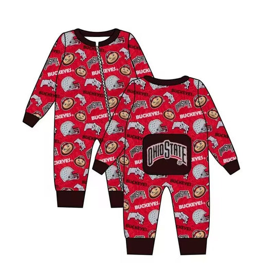 (Custom Design Preorder MOQ 5) Team's OHIOSTATE Print Baby Boys Sleeper Zipper Romper