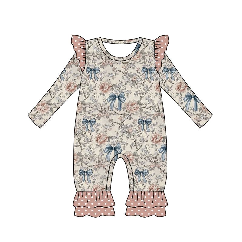 (Custom Design Preorder MOQ 5) Flowers Bows Print Baby Girls Long Sleeve Romper