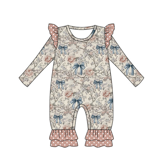 (Custom Design Preorder MOQ 5) Flowers Bows Print Baby Girls Long Sleeve Romper