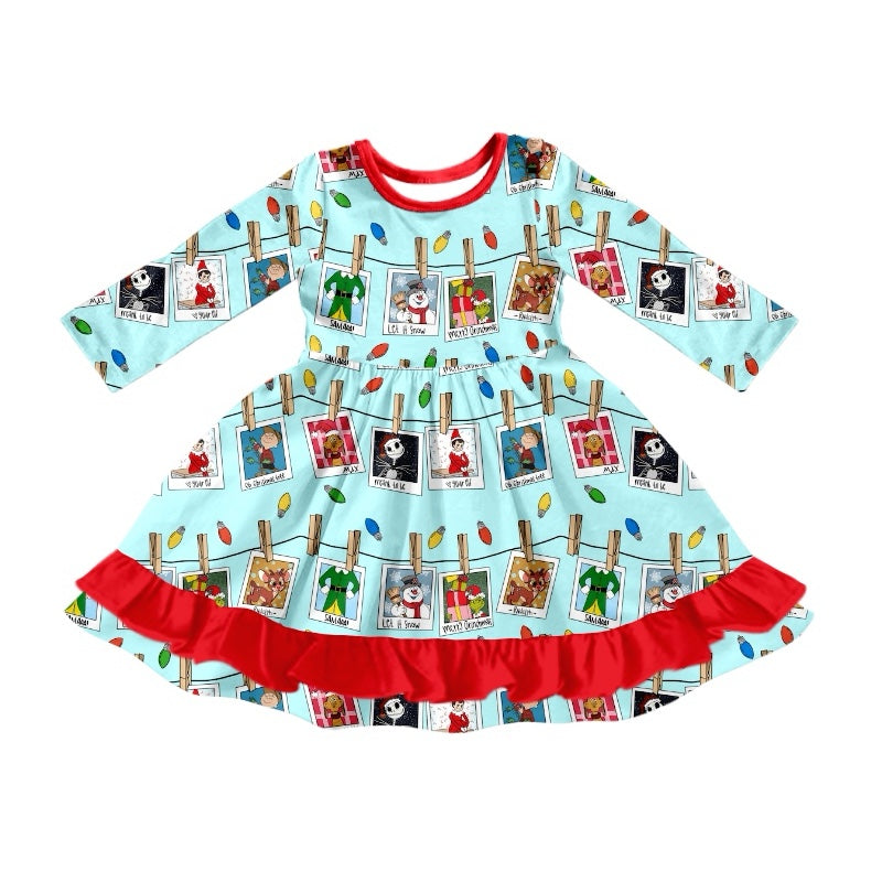 (Custom Design Preorder MOQ 5) Cartoon Figure Print Girls Knee Length Christmas Dress