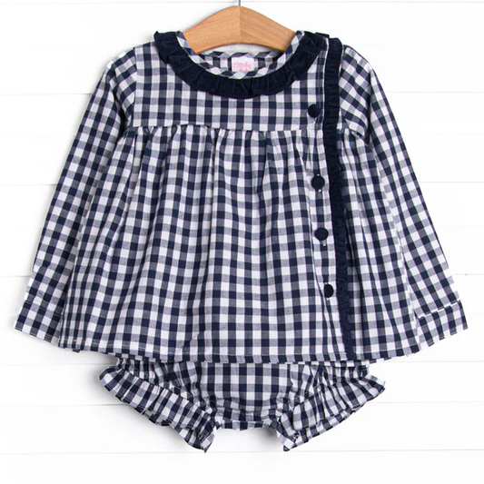 (Custom Design Preorder MOQ 5 ) Black Plaid Tunic Top Shorts Baby Girls Fall Bummie Set