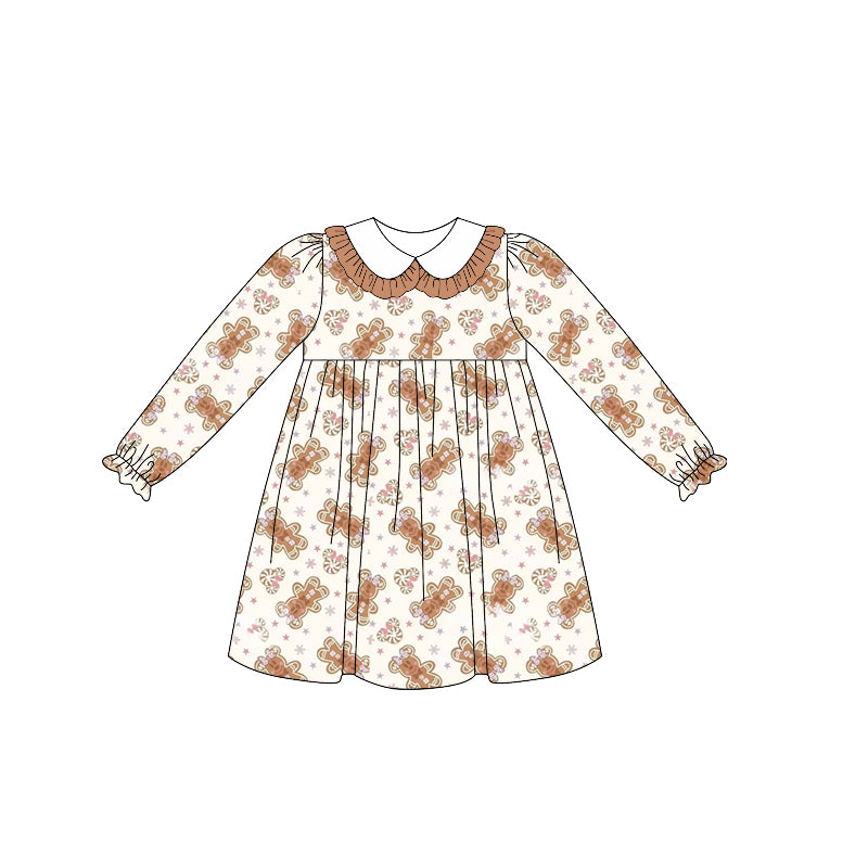 (Custom Design Preorder MOQ 5 ) Gingerbread Print Girls Christmas Knee Length Dress