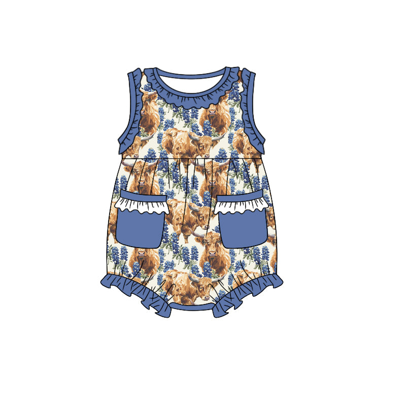(Custom Design Preorder MOQ 5) Purple Flowers Highland Cow Print Baby Girls Summer Romper