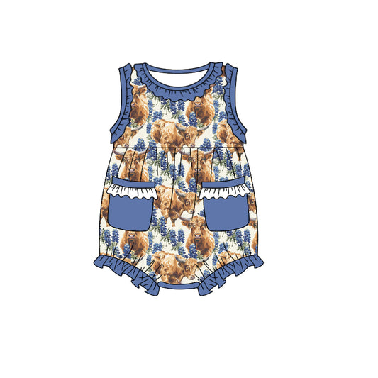 (Custom Design Preorder MOQ 5) Purple Flowers Highland Cow Print Baby Girls Summer Romper