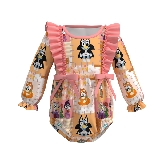 (Custom Design Preorder MOQ 5) Cartoon Dog Pumpkin Print Baby Girls Halloween Romper