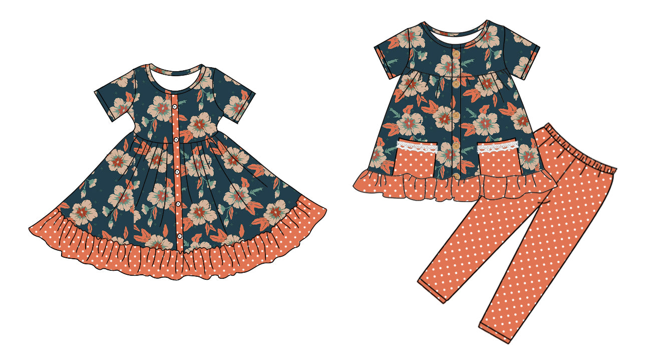 5.1(Custom Design Preorder MOQ 5 Each Design) Flowers Orange Dots Print Girls Fall Matching Clothes Sisters Wear