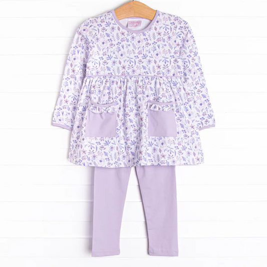 (Custom Design Preorder MOQ 5) Flowers Pockets Tunic Top Purple Pants Girls Spring Clothes Set