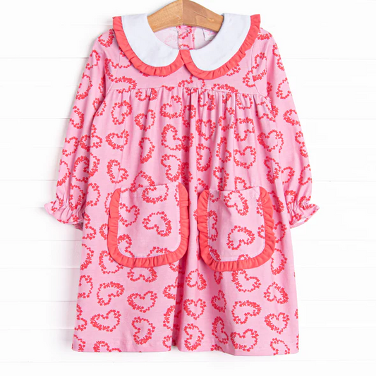 (Custom Design Preorder MOQ 5) Heart Print Pockets Girls Valentine's Day Knee Length Dress