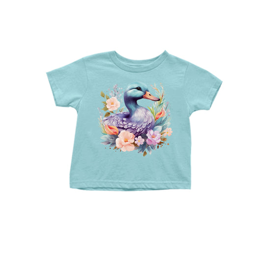 11.11(Custom Design Preorder MOQ 5) Duck Flowers Blue Print Girls Summer Tee Shirts Top