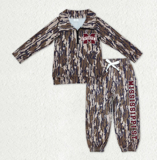 (Custom Design Preorder MOQ 5) Team's Mississippi State Camo Print Zipper Pullover Top Pockets Pants Kids Fall Clothes Set