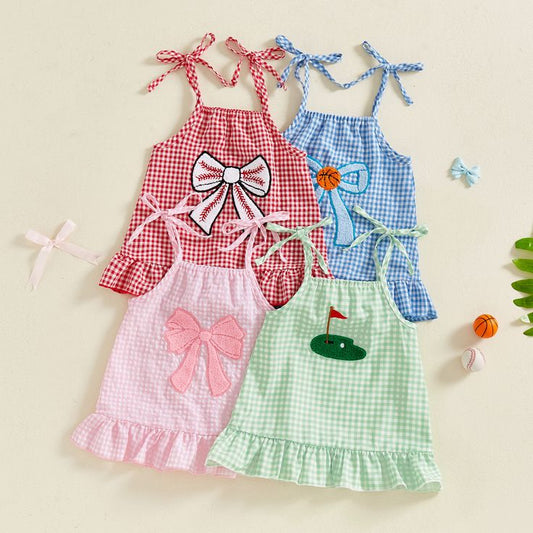 (Custom Design Preorder MOQ 5) 4 Colors Plaid Print Girls Summer Strap Knee Length Dress