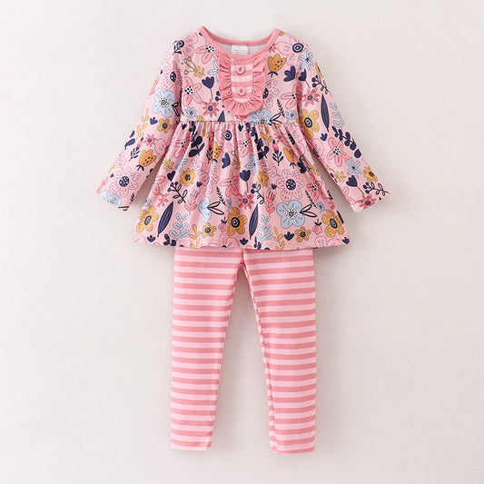 (Custom Design Preorder MOQ 5)  Pink Flowers Tunic Top Stripes Pants Girls Fall Clothes Set