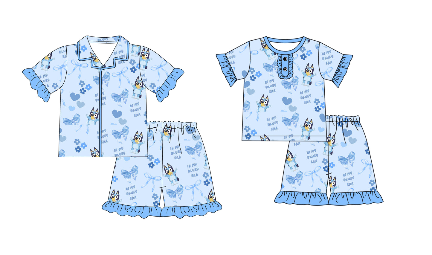 1.8(Custom Design Preorder MOQ 5 Each Design) Cartoon Dog Blue Print Girls Summer Pajamas Matching Clothes Sisters Wear