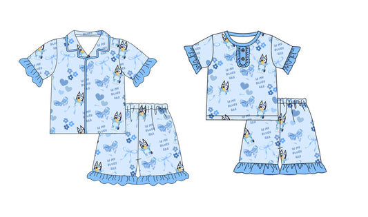 1.8(Custom Design Preorder MOQ 5 Each Design) Cartoon Dog Blue Print Girls Summer Pajamas Matching Clothes Sisters Wear