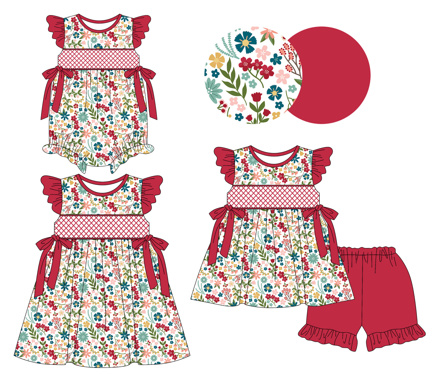 3.8(Custom Design Preorder MOQ 5 Each Design) Colorful Flowers Red Print Girls Summer Matching Clothes Sisters Wear