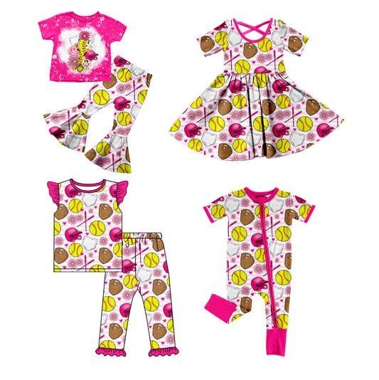11.7(Custom Design Preorder MOQ 5 Each Design) Softball Flowers Print Girls Summer Matching Clothes Sisters Wear