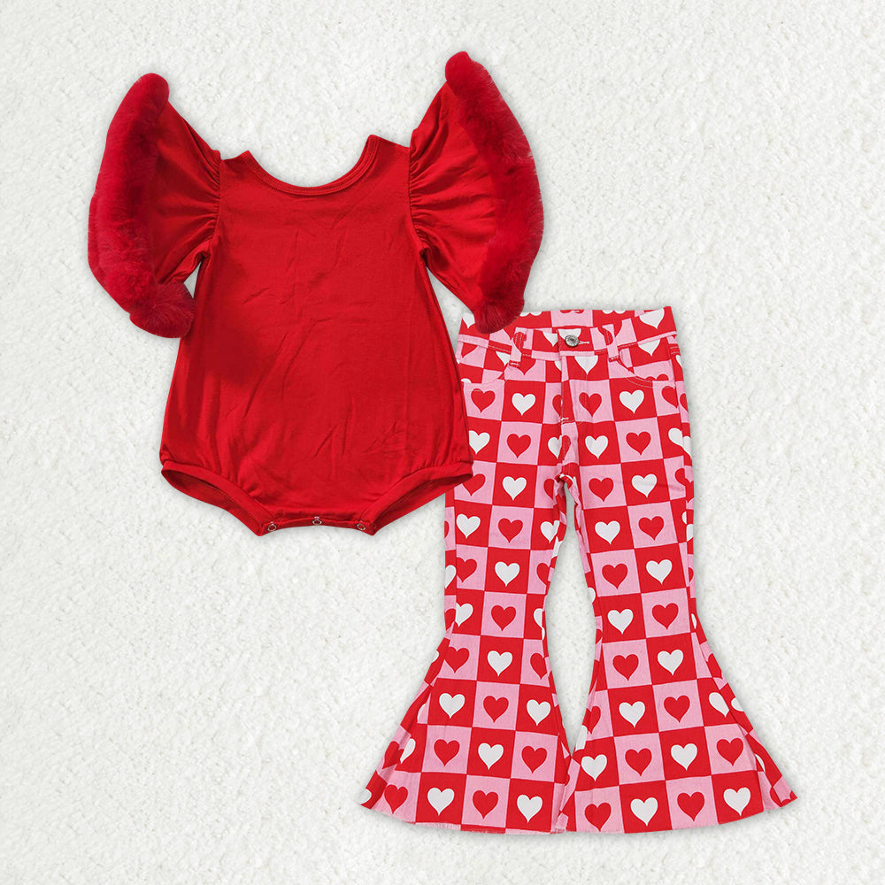 SR0412+P0324 Red Fur Sleeve Romper Heart Jeans Baby Girls Valentine's Day Clothes Set