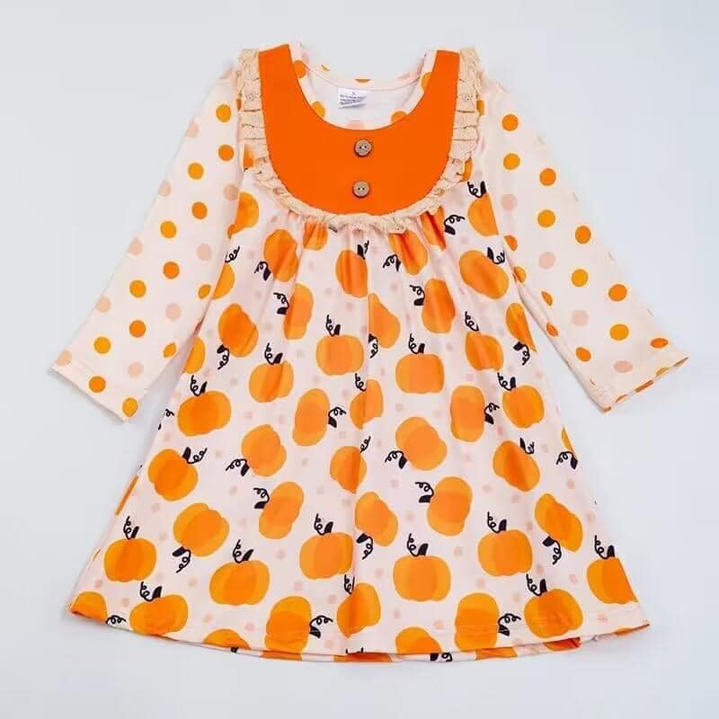 (Custom Design Preorder MOQ 5) Orange Pumpkin Print Girls Knee Length Fall Dress