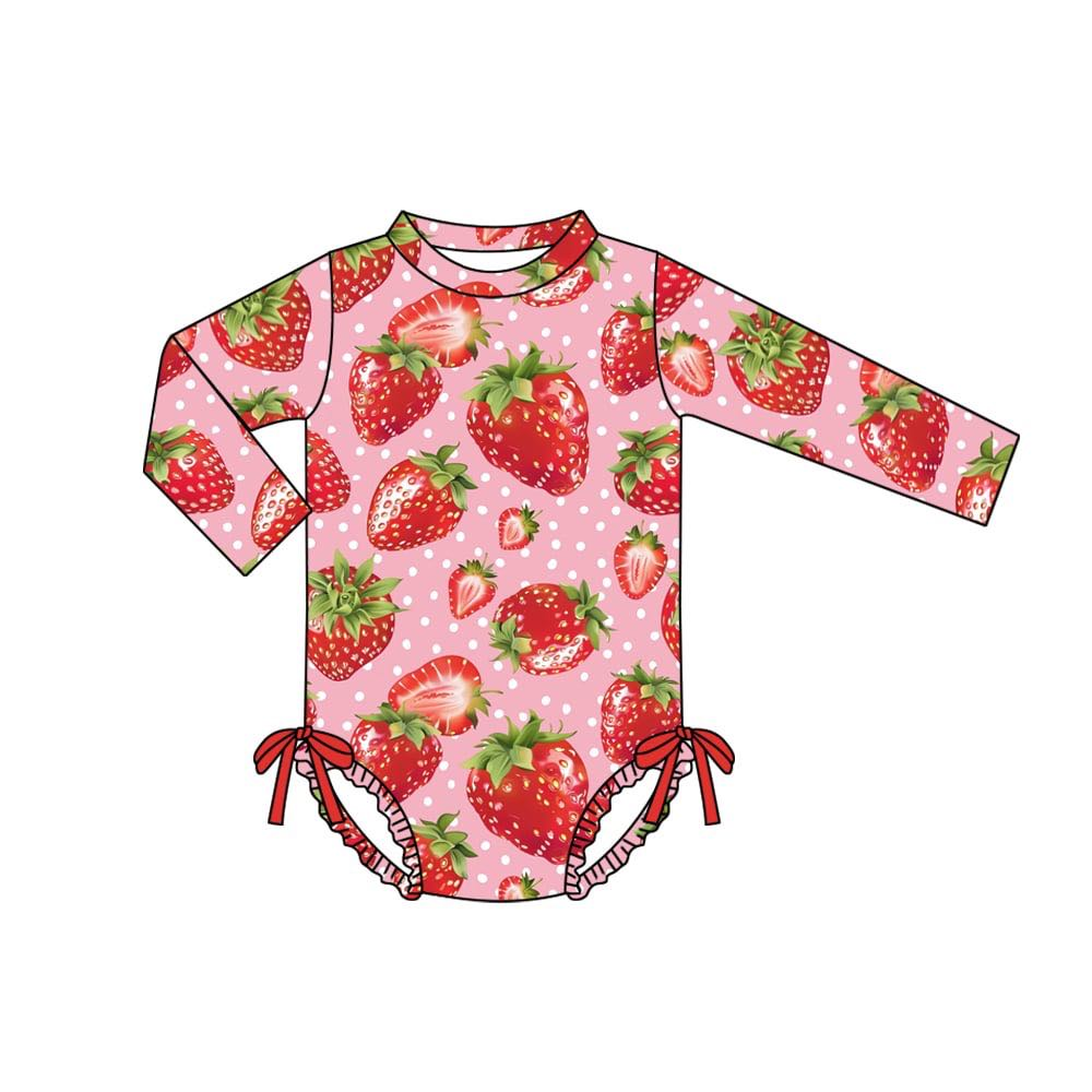 (Custom Design Preorder MOQ 5)  Strawberry Print Girls 1 Pieces Long Sleeve Swimsuits