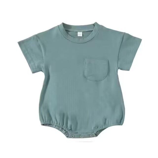 (Custom Design Preorder MOQ 5) Blue Green Color Pocket Baby Summer Romper