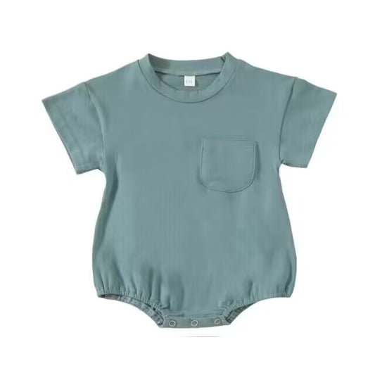 (Custom Design Preorder MOQ 5) Blue Green Color Pocket Baby Summer Romper