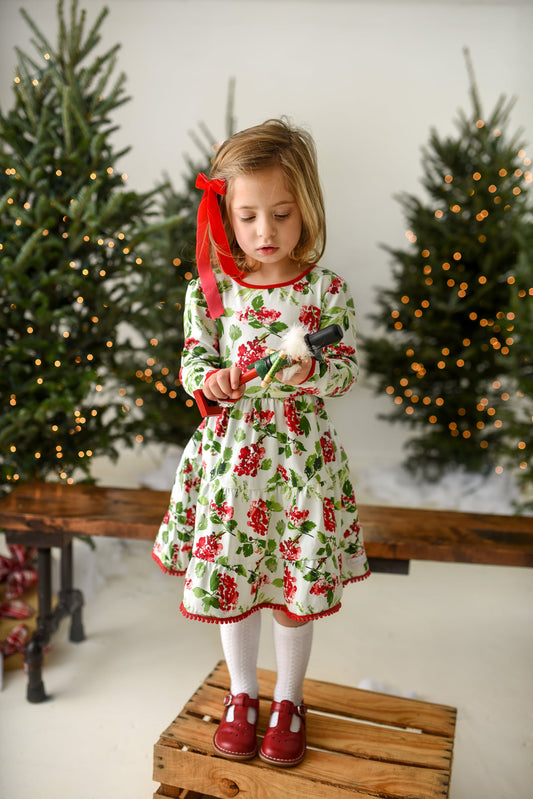 (Custom Design Preorder MOQ 5)  Flowers Print Girls Knee Length Christmas Dress