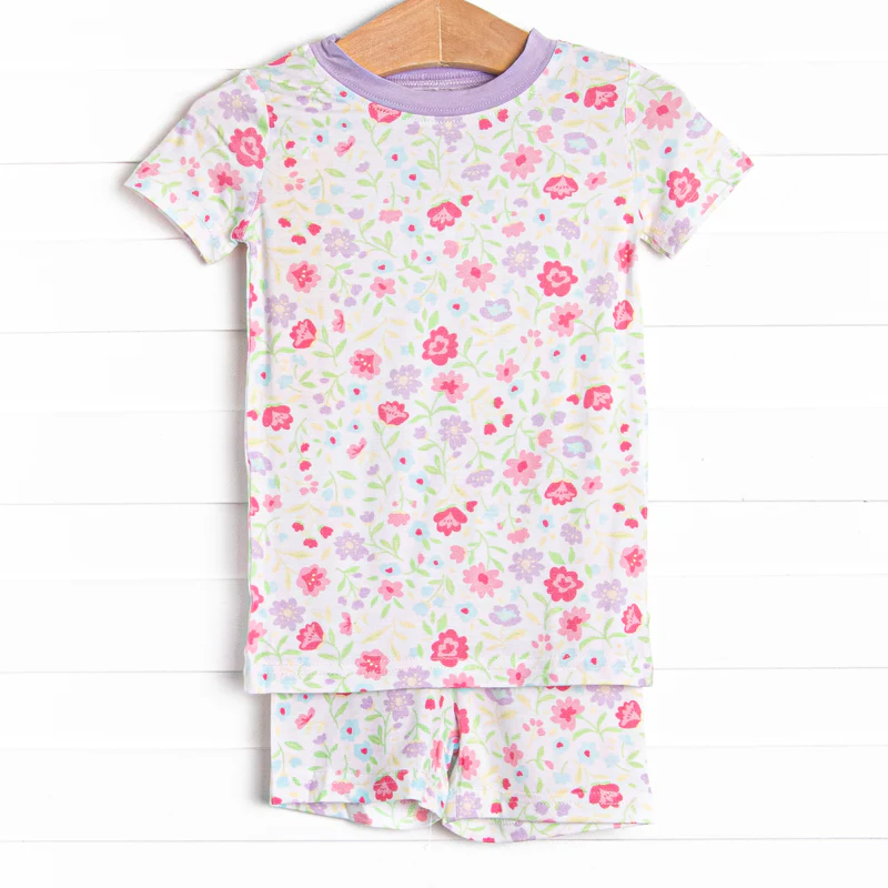 (Custom Design Preorder MOQ 5) Flowers Print Girls Summer Pajamas Clothes Set