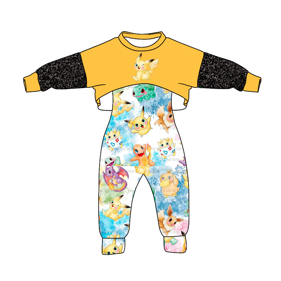 (Custom Design Preorder MOQ 5) Yellow Top Cartoon Animals Jumpsuits Girls Fall Clothes Set