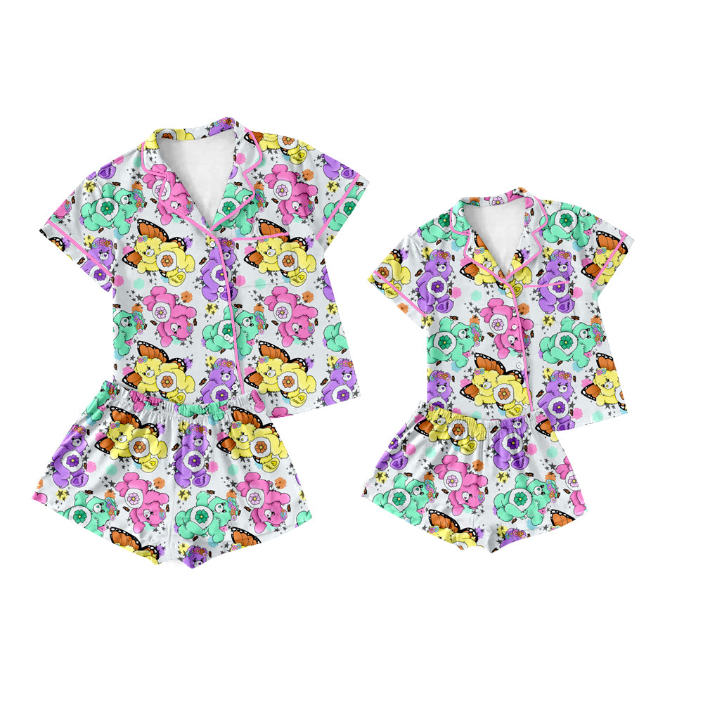 12.5(Custom Design Preorder MOQ 5 Each Design) Cartoon Bear Colorful Flowers Print Buttons Pajamas Sets Mom and Me Summer Matching Clothes