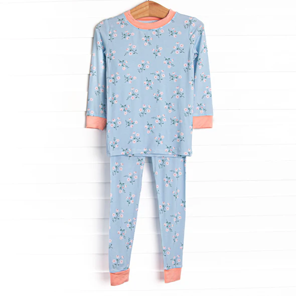 (Custom Design Preorder MOQ 5) Small Flowers Blue Print Girls Pajamas Clothes Set