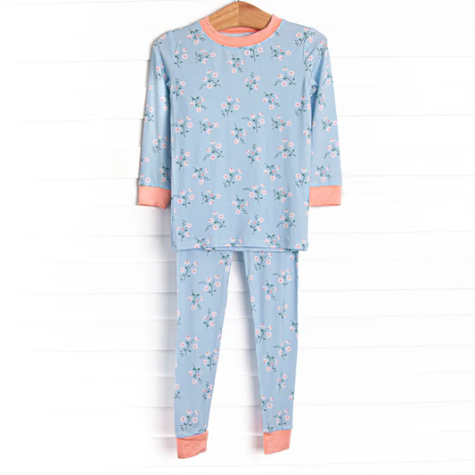 (Custom Design Preorder MOQ 5) Small Flowers Blue Print Girls Pajamas Clothes Set