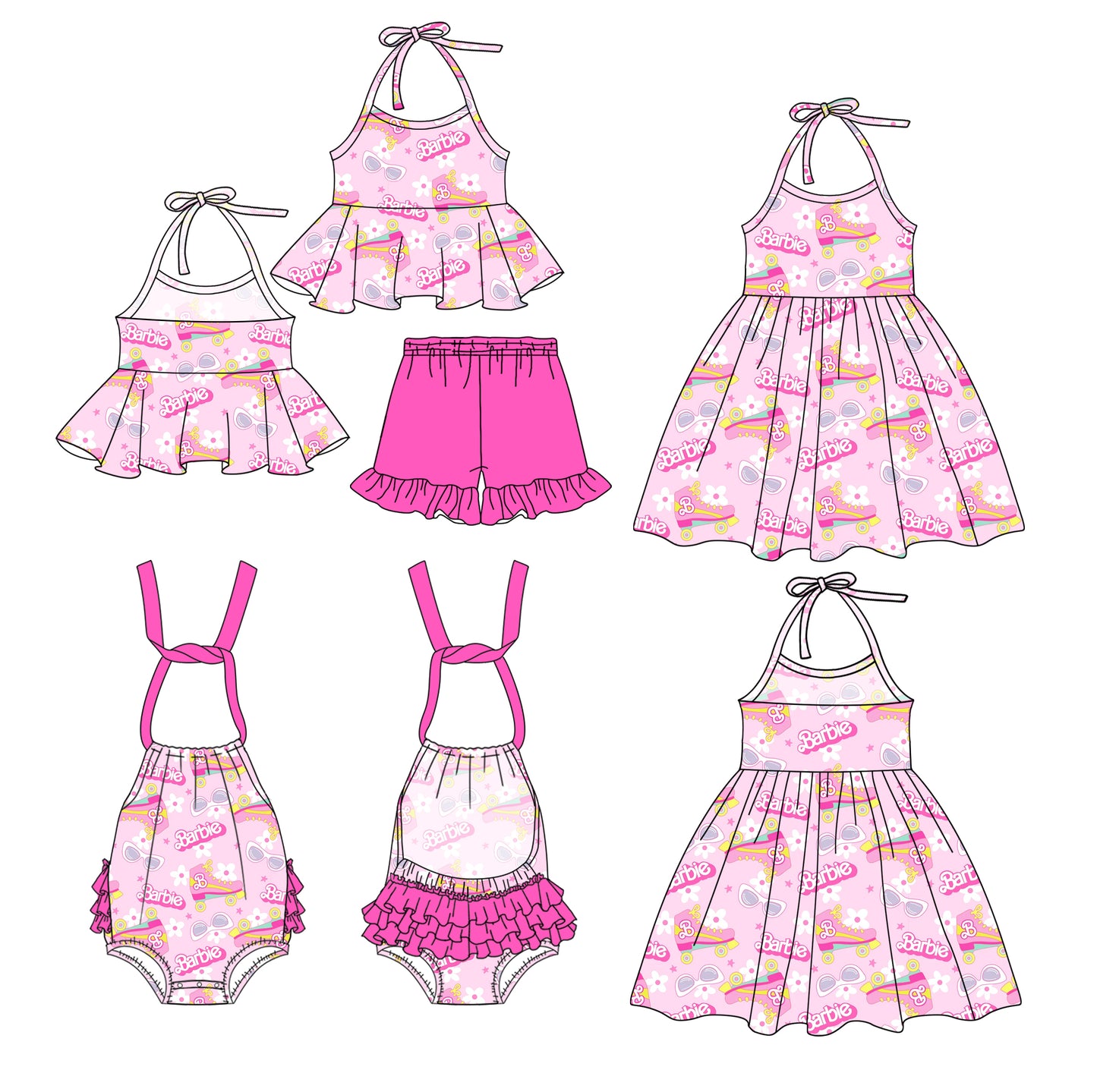 1.4(Custom Design Preorder MOQ 5 Each Design) Pink BA Flowers Print Girls Summer Matching Clothes Sisters Wear