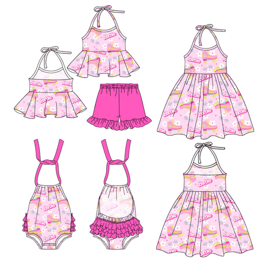 1.4(Custom Design Preorder MOQ 5 Each Design) Pink BA Flowers Print Girls Summer Matching Clothes Sisters Wear