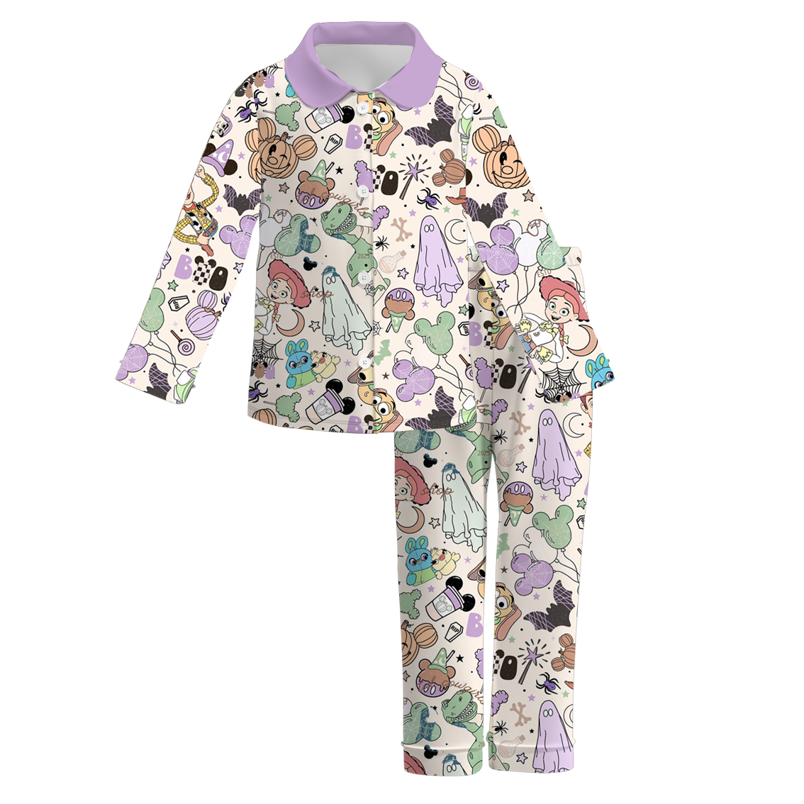 (Custom Design Preorder MOQ 5)  Cartoon Toys Pumpkin Print Girls Halloween Buttons Pajamas Clothes Set