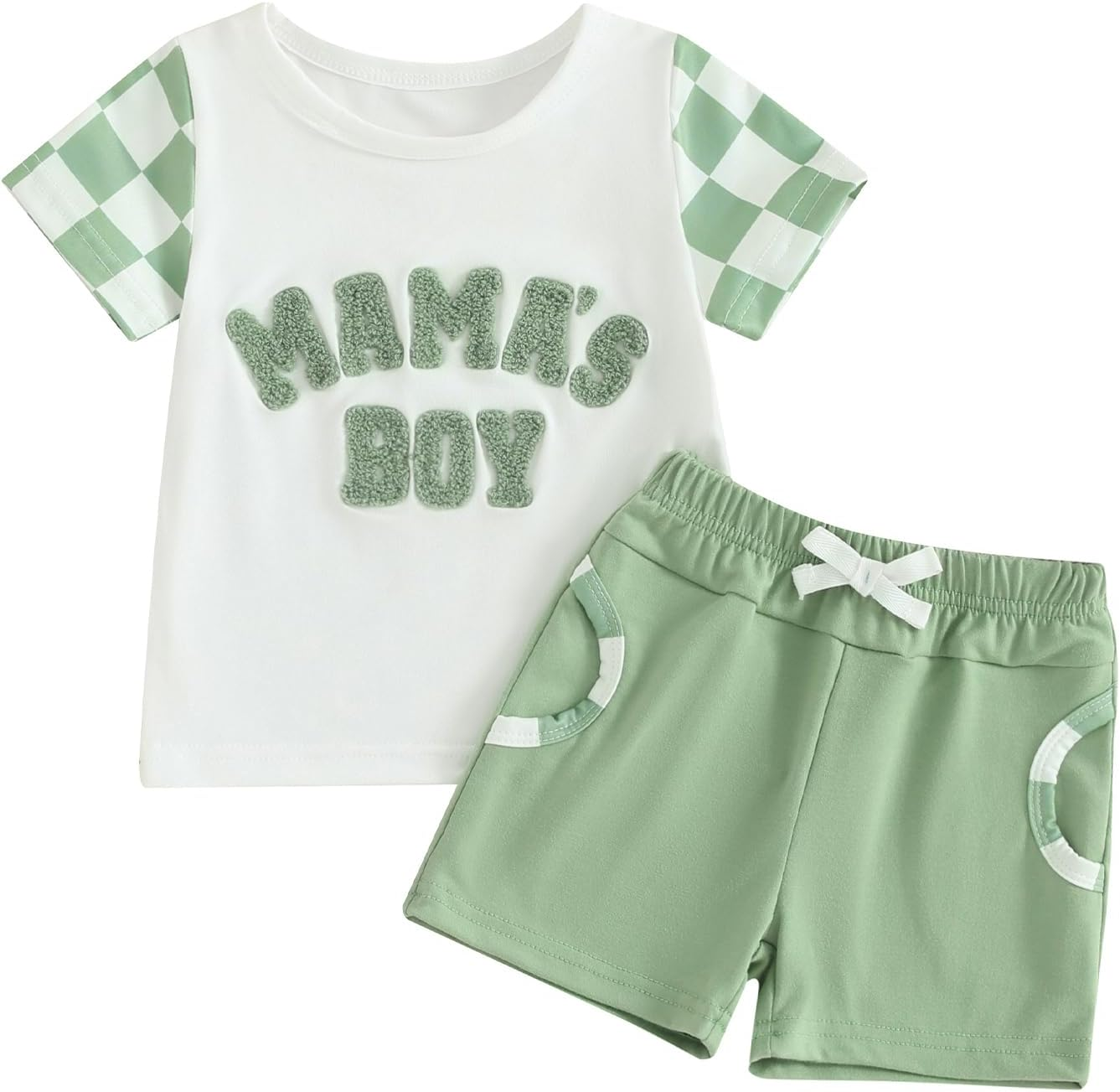 (Custom Design Preorder MOQ 5) MAMA'S Boy Top Green Shorts Boys Clothes Set