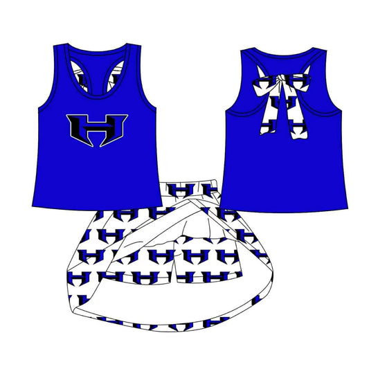 (Custom Design Preorder MOQ 5) Team's H Blue Top Skirts Shorts Girls Clothes Sets