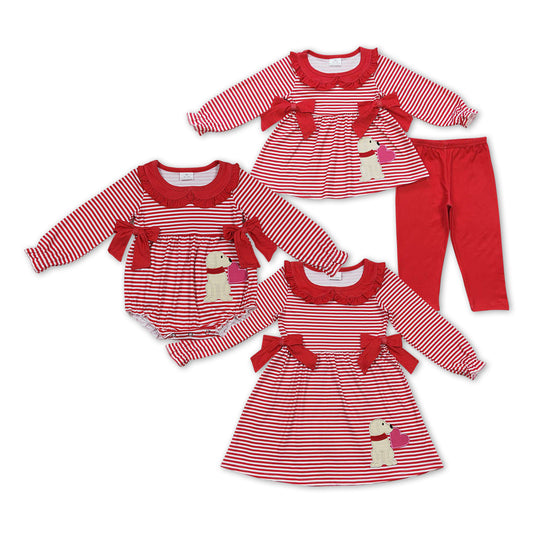 Dog Heart Embroidery Red Stripes Print Sisters Valentine's Day Matching Clothes