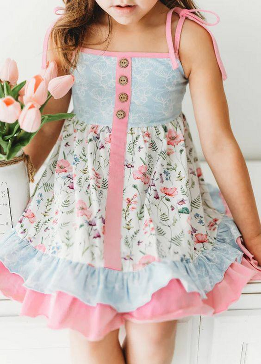 (Pre-order)GSD0602  Flowers Print Girls Ruffles Summer Dress