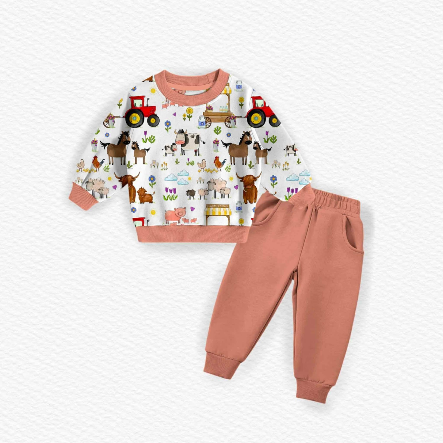 (Custom Design Preorder MOQ 5) Farm Animals Top Pink Pants Kids Clothes Set