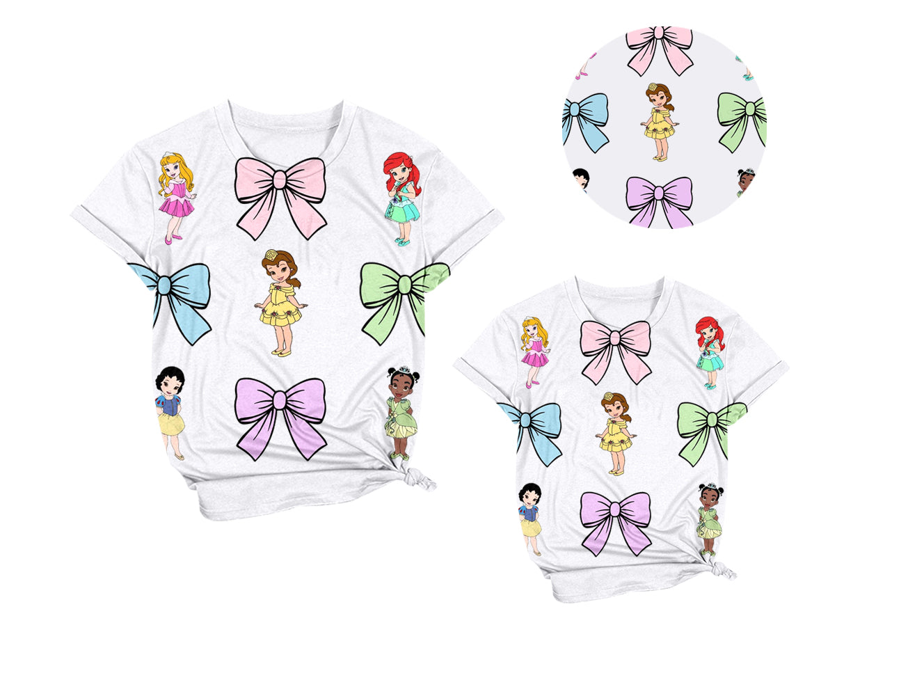 3.10(Custom Design Preorder MOQ 5 Each Design) Cartoon Princess Bows White Print Short Sleeve Tee Shirts Top Mom and Me Matching Clothes