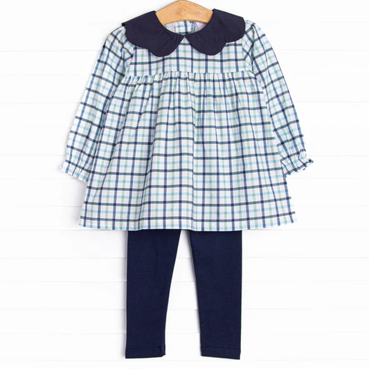 (Custom Design Preorder MOQ 5) Plaid Tunic Top Navy Legging Pants Girls Fall Clothes Set