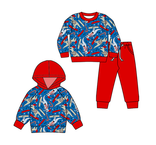 5.22(Custom Design Preorder MOQ 5 Each Design) Dino Candy Cane Print Boys Christmas Matching Clothes Brothers Wear