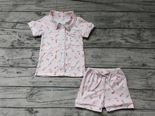 (Custom Design Preorder MOQ 5)  Pink Peach Print Girls Summer Pajamas Clothes Set