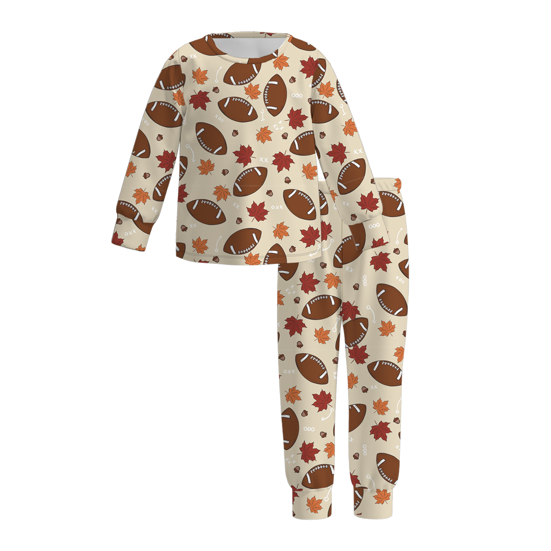 (Custom Design Preorder MOQ 5)  Leaf Football Print Girls Fall Pajamas Clothes Set