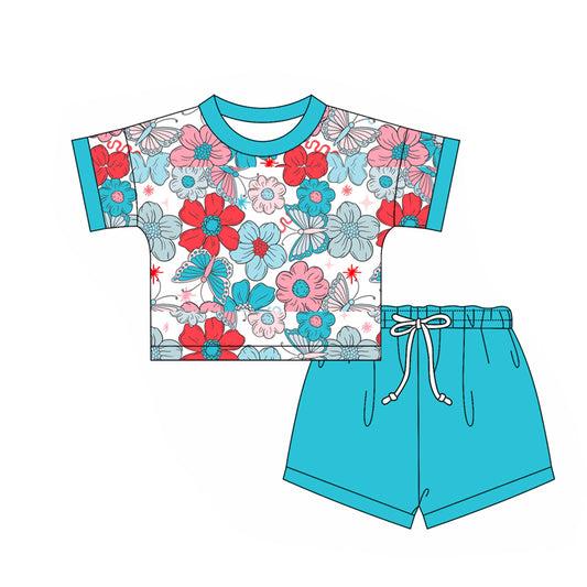 2.24(Custom Design Preorder MOQ 5) Flowers Top Blue Shorts Girls Summer Clothes Set