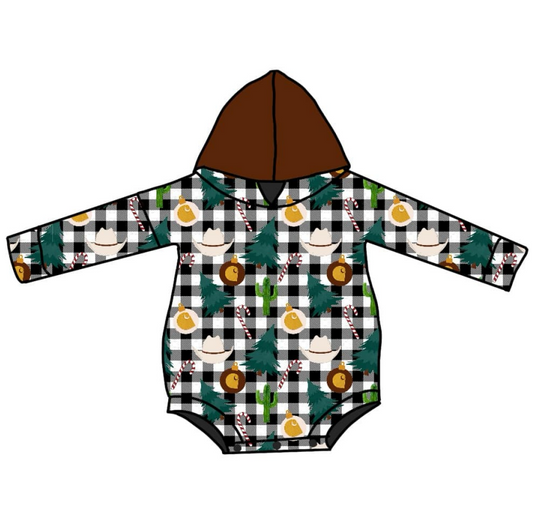 (Custom Design Preorder MOQ 5) Trees Plaid Candy Cane Shopping Print Baby Boys Christmas Hoodie Romper