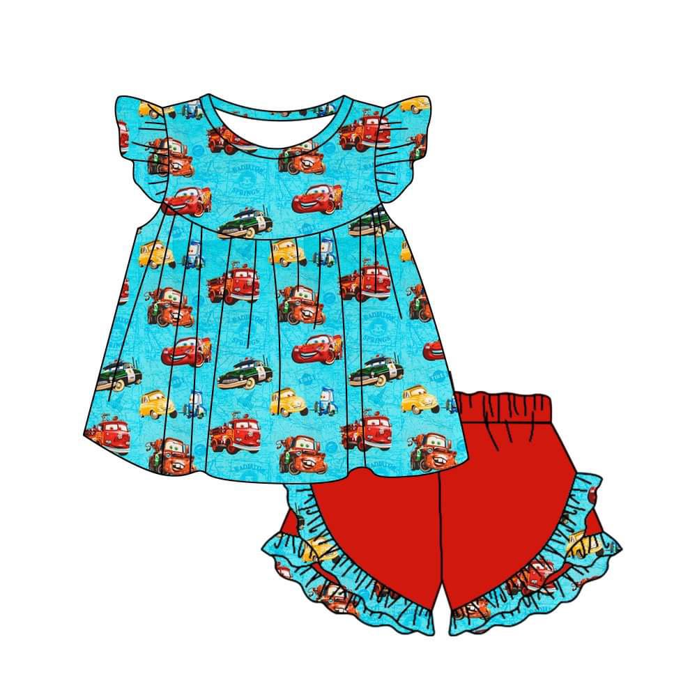 (Custom Design Preorder MOQ 5)  Cartoon Cars Top Ruffle Shorts Girls Summer Clothes Set