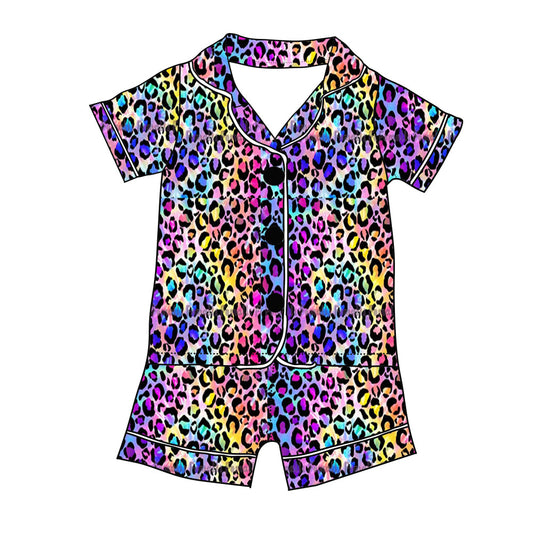(Custom Design Preorder MOQ 5) Colorful Leopard Print Girls Summer Buttons Pajamas Clothes Set